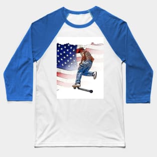 Patriotic Scooter Rider and US Flag Artwork Baseball T-Shirt